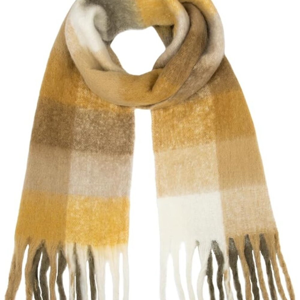 Cozy Plaid Wool Scarf in Mustard, Gray, and Brown